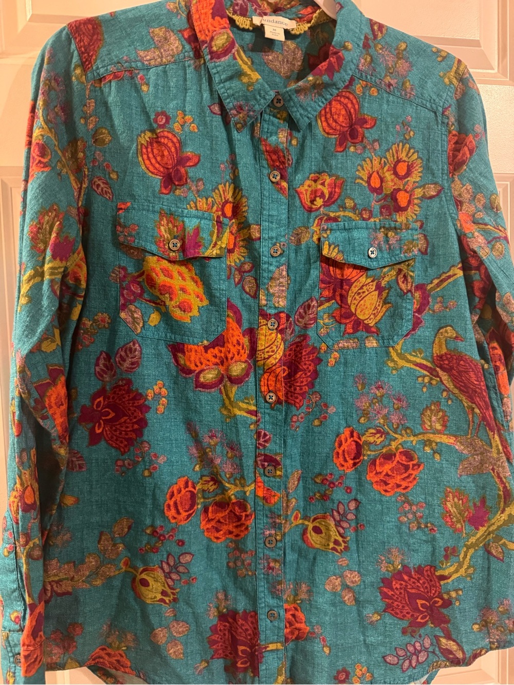 Sundance Catalog Teal Orange Floral Button Up Blouse M Boho Long Sleeve